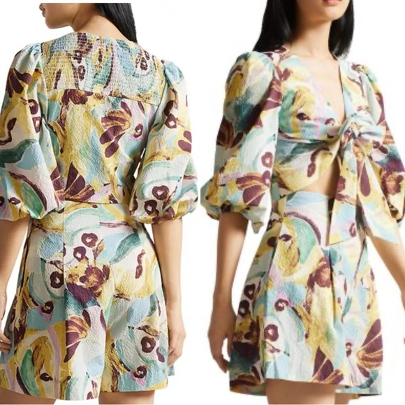 Ted Baker Bithana Set Tie Front Balloon Sleeve Blouse + Shorts Size 2 US 6 - Picture 2 of 10